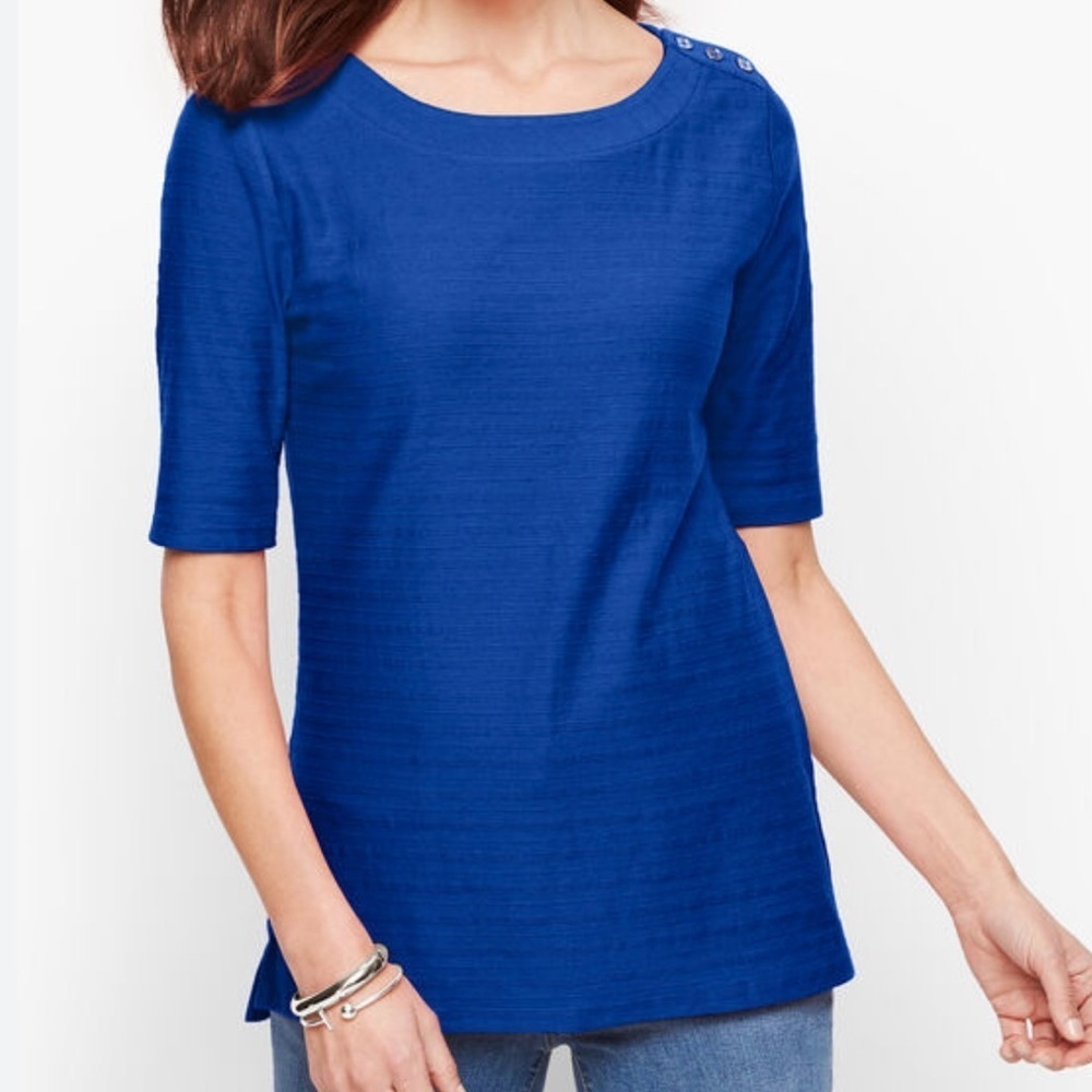 Talbots Button Shoulder Textured Stripe Tee Size M